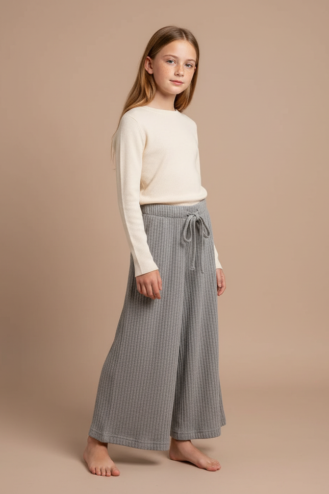 Pantalon Fluide Gris Côtelé Ample Confortable Fille - Maille