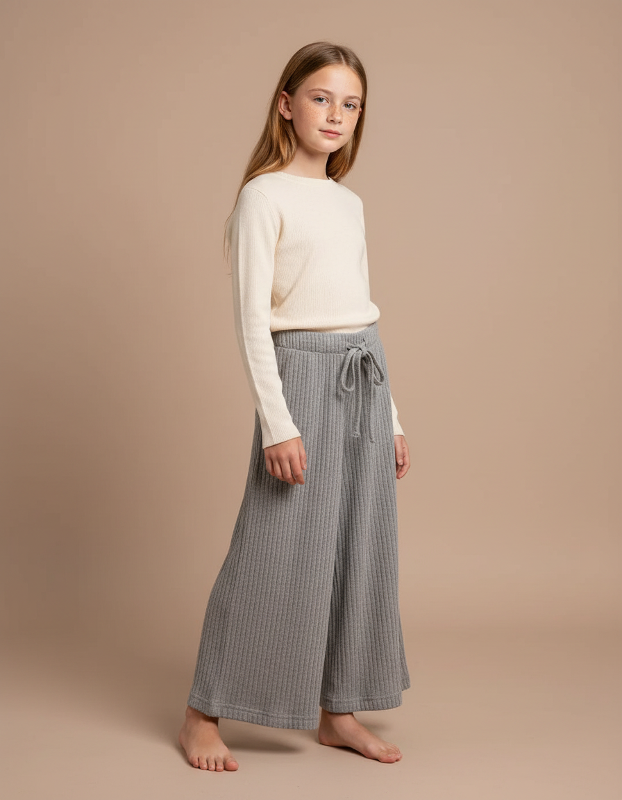 Pantalon Fluide Gris Côtelé Ample Confortable Fille - Maille