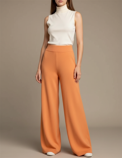 Pantalon Fluide Orange Ample Tricot Confortable Femme - Maille