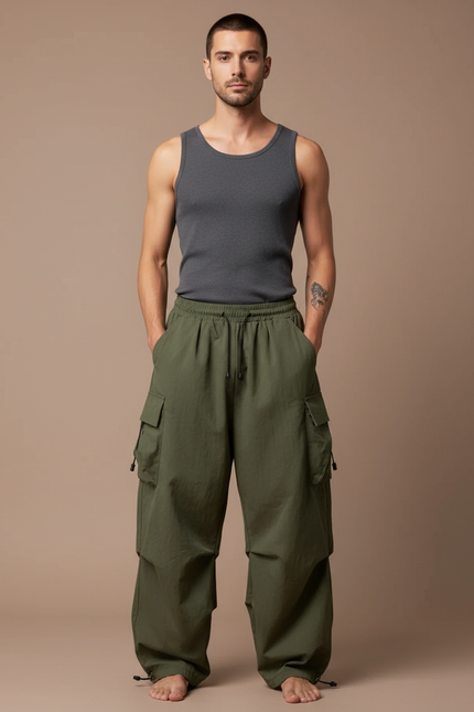 Pantalon Fluide Kaki Cargo Ample Décontracté Homme - Polyester