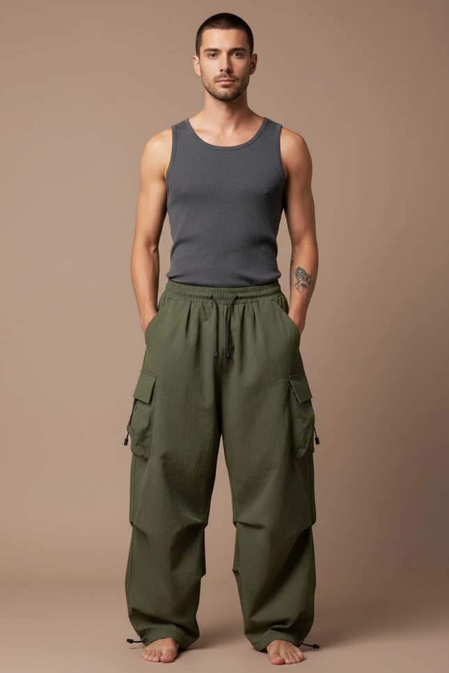 Pantalon Fluide Kaki Cargo Ample Décontracté Homme - Polyester