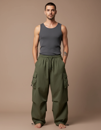 Pantalon Fluide Kaki Cargo Ample Décontracté Homme - Polyester