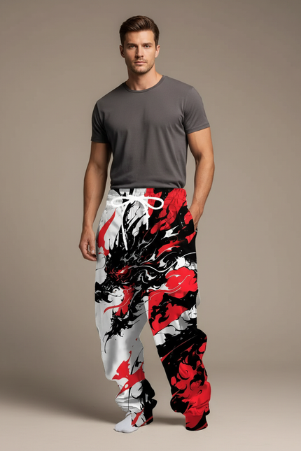 Pantalon Fluide Blanc Rouge Noir Dragon Ample Cordon - Multicolore Polyester