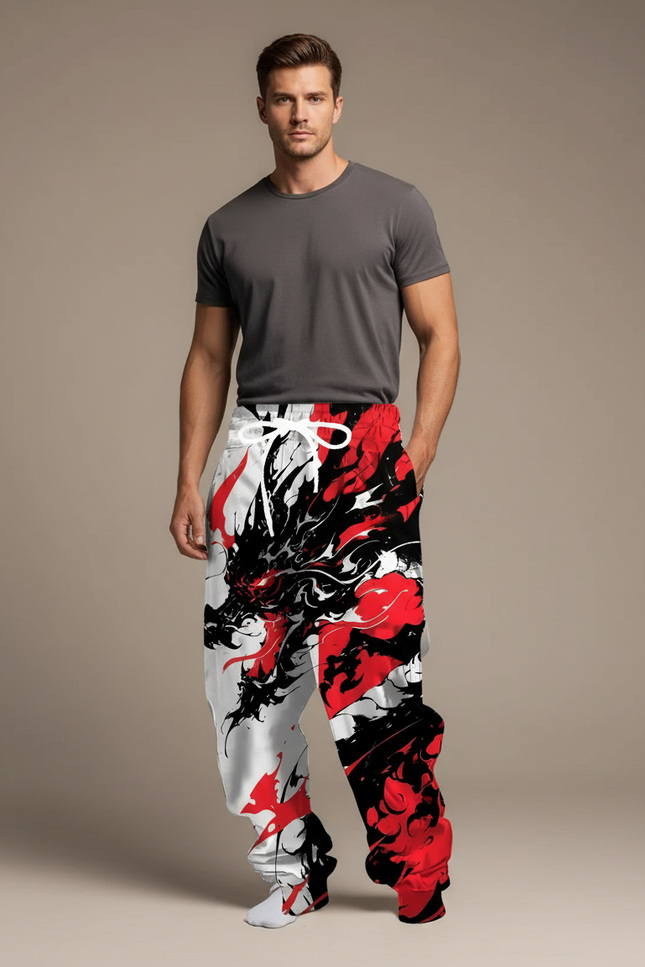 Pantalon Fluide Blanc Rouge Noir Dragon Ample Cordon - Multicolore Polyester