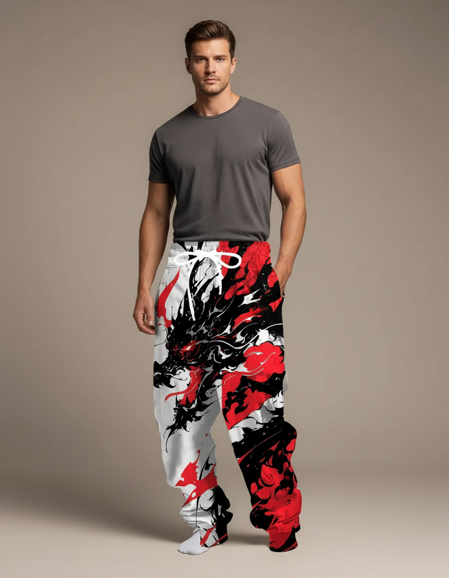 Pantalon Fluide Blanc Rouge Noir Dragon Ample Cordon - Multicolore Polyester