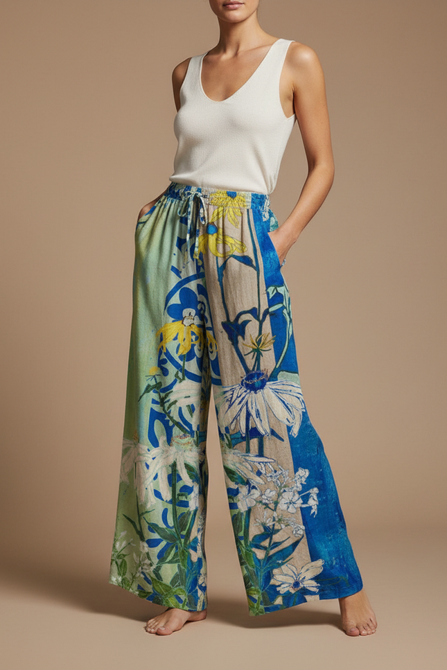 Pantalon Fluide Fleuri Vert - Lin