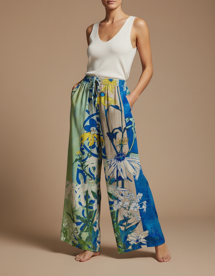 Pantalon Fluide Fleuri Vert - Lin