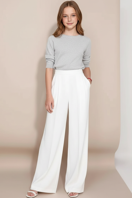 Pantalon Fluide Blanc Ample Plissé Décontracté Fille - Polyester