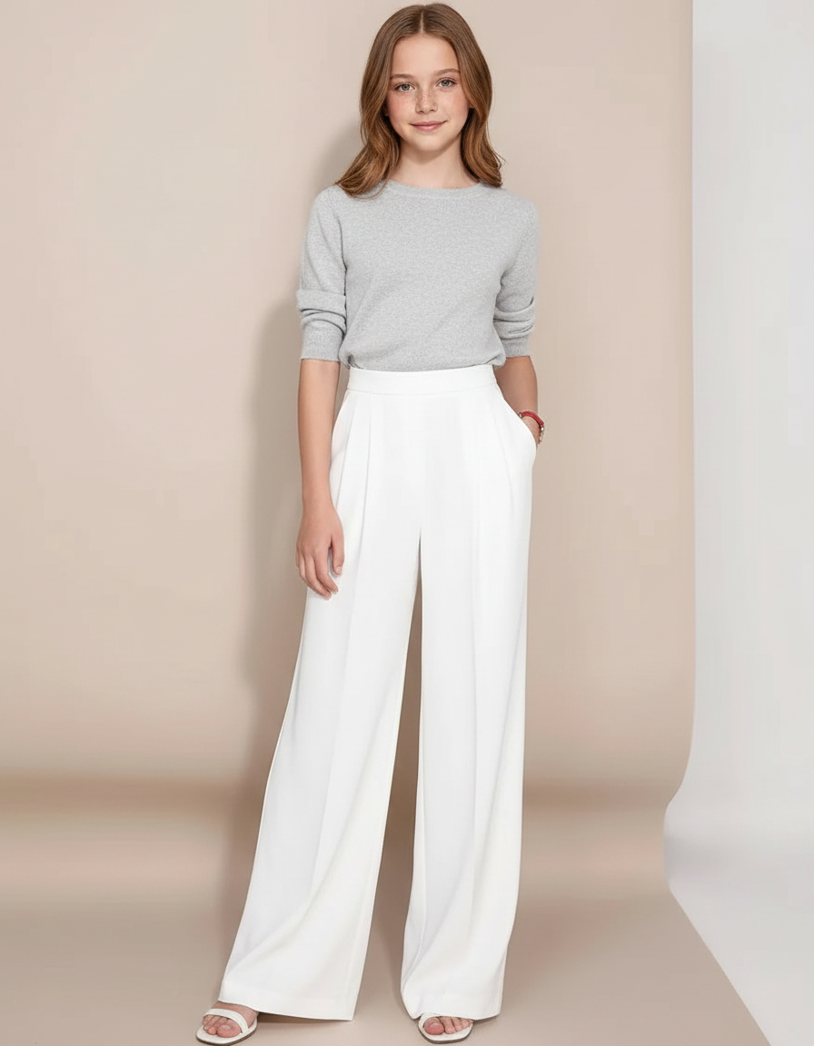 Pantalon Fluide Blanc Ample Plissé Décontracté Fille - Polyester