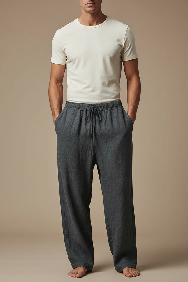 Pantalon Fluide Gris Lin Ample Cordon Décontracté Homme