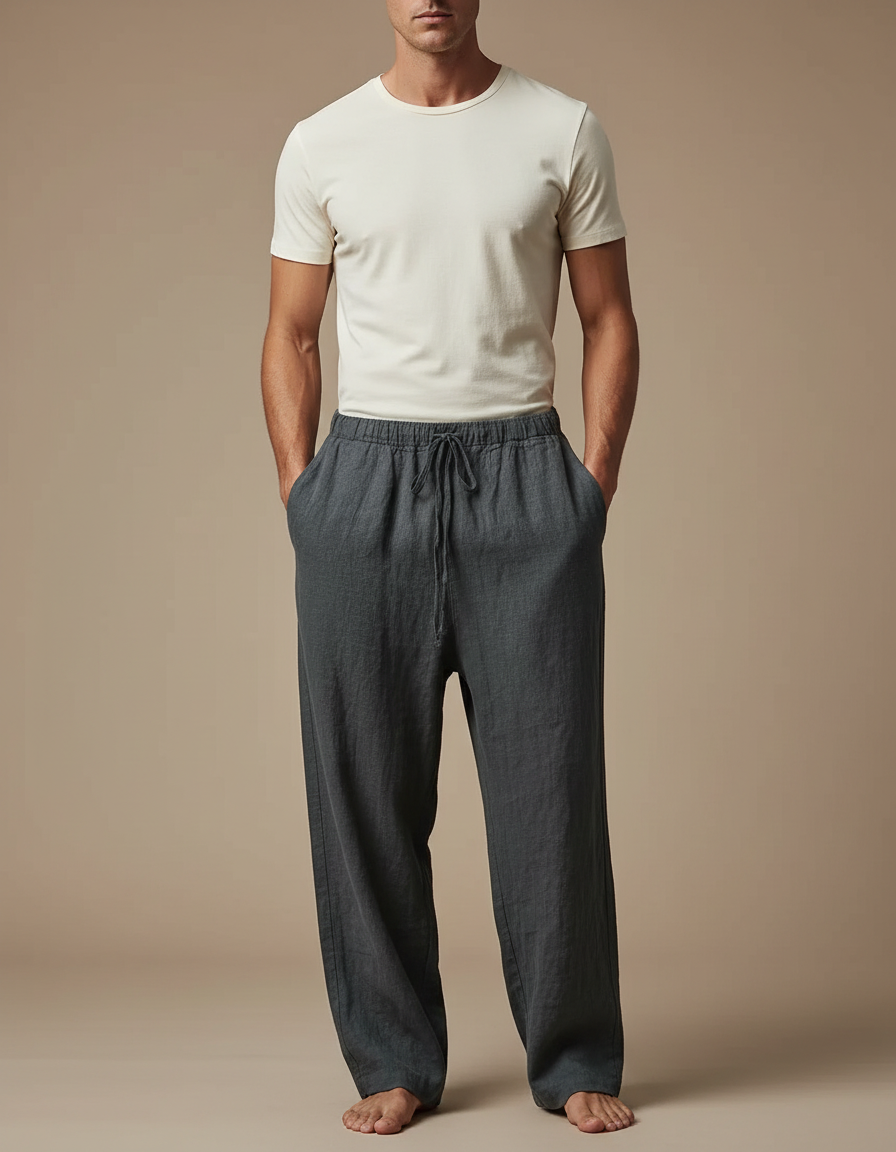 Pantalon Fluide Gris Lin Ample Cordon Décontracté Homme