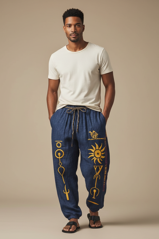 Pantalon Fluide Bleu Marine Ample Motifs Ethniques Jaunes Cordon - Lin