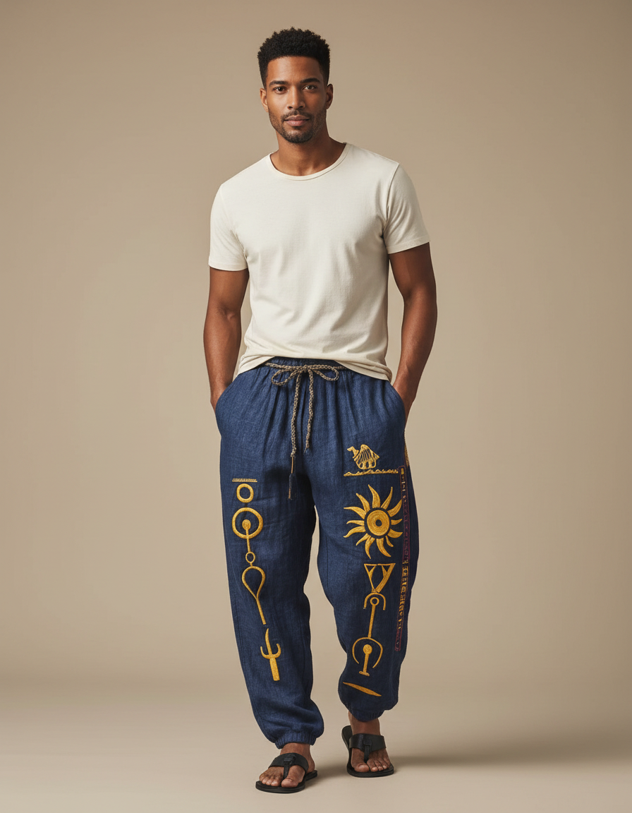 Pantalon Fluide Bleu Marine Ample Motifs Ethniques Jaunes Cordon - Lin