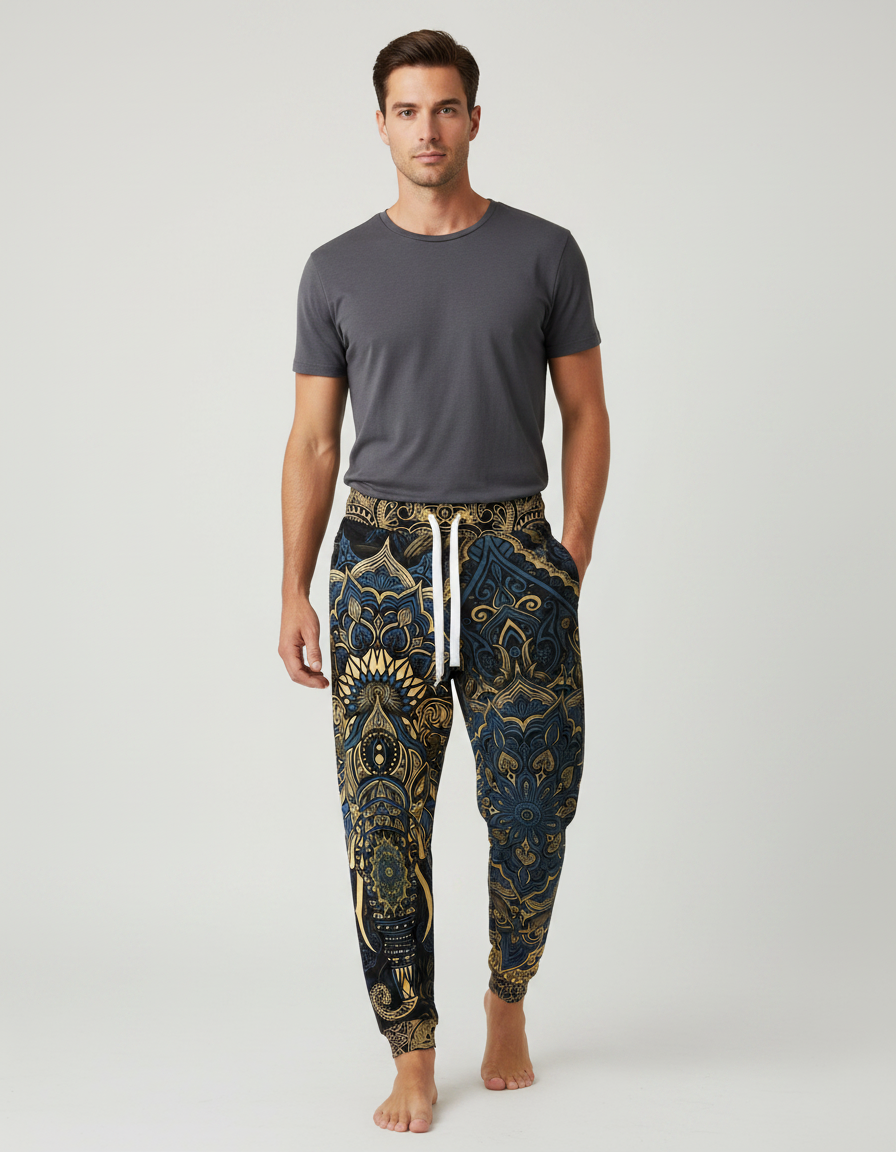 Pantalon Fluide Ample Imprimé Éléphant Ethnique Cordon - Viscose