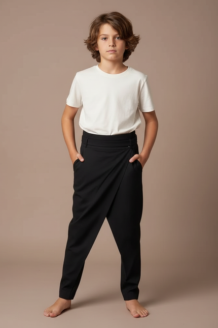Pantalon Fluide Noir Asymétrique Drapé Élégant Garçon - Polyester