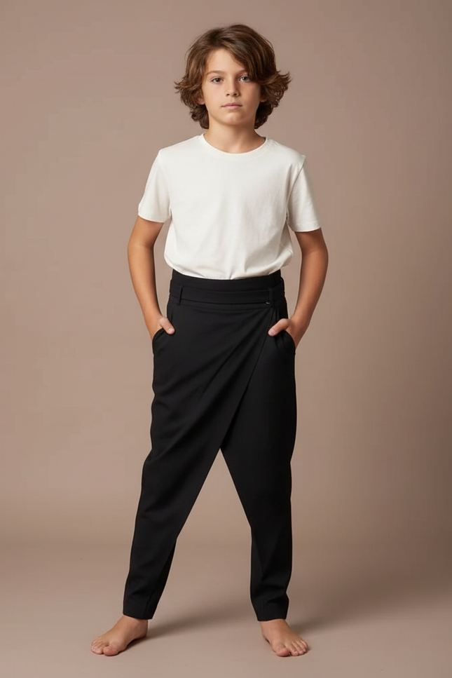 Pantalon Fluide Noir Asymétrique Drapé Élégant Garçon - Polyester