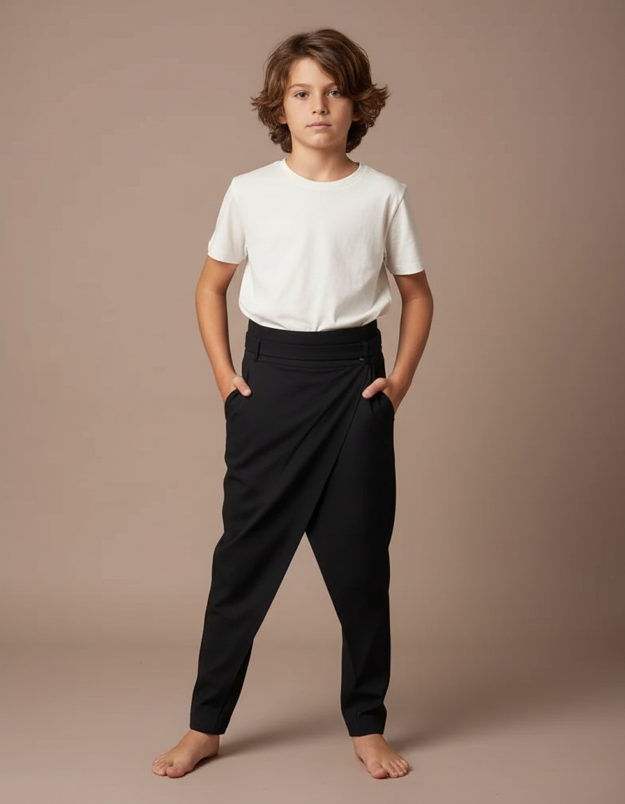 Pantalon Fluide Noir Asymétrique Drapé Élégant Garçon - Polyester