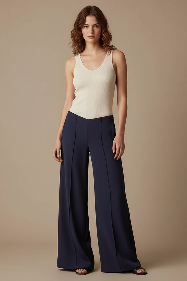 Pantalon Fluide Bleu Marine Ample Taille Haute Femme - Polyester