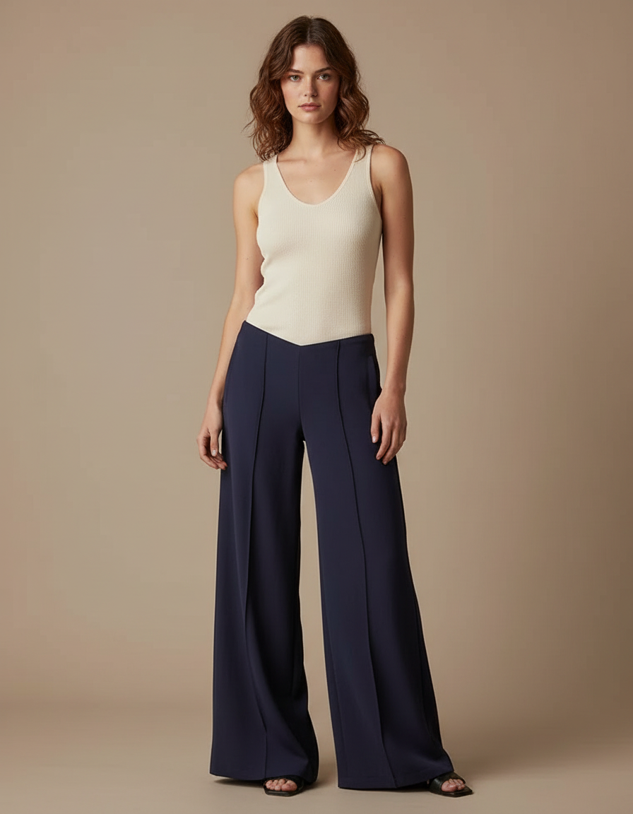 Pantalon Fluide Bleu Marine Ample Taille Haute Femme - Polyester