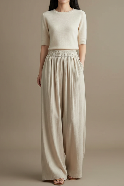 Pantalon Fluide Beige Ample Taille Haute Confortable - Lin