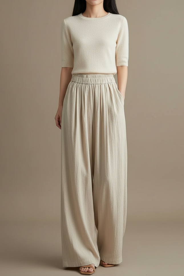 Pantalon Fluide Beige Ample Taille Haute Confortable - Lin