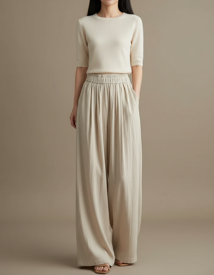 Pantalon Fluide Beige Ample Taille Haute Confortable - Lin