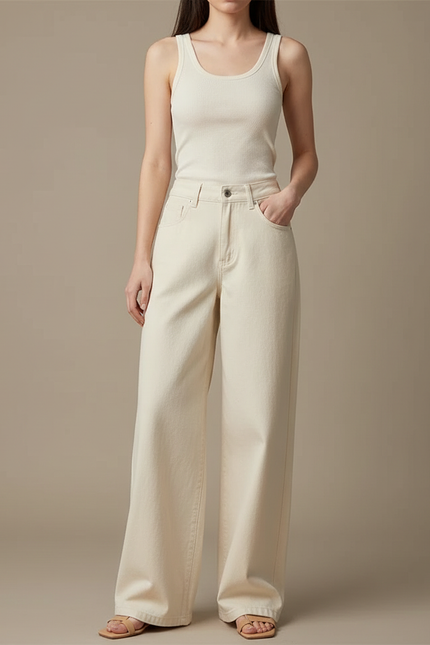 Pantalon Denim Fluide Femme - Beige Jean