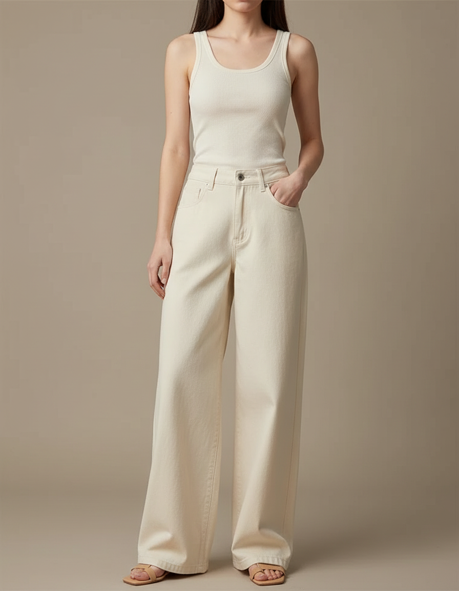 Pantalon Denim Fluide Femme - Beige Jean