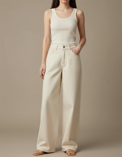 Pantalon Denim Fluide Femme - Beige Jean