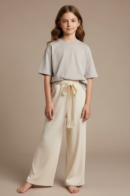 Pantalon Fluide Écru Côtelé Ample Décontracté Cordon - Beige Cordé