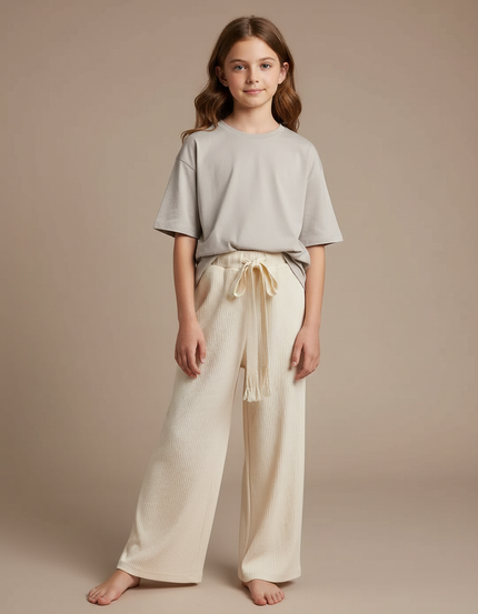 Pantalon Fluide Écru Côtelé Ample Décontracté Cordon - Beige Cordé