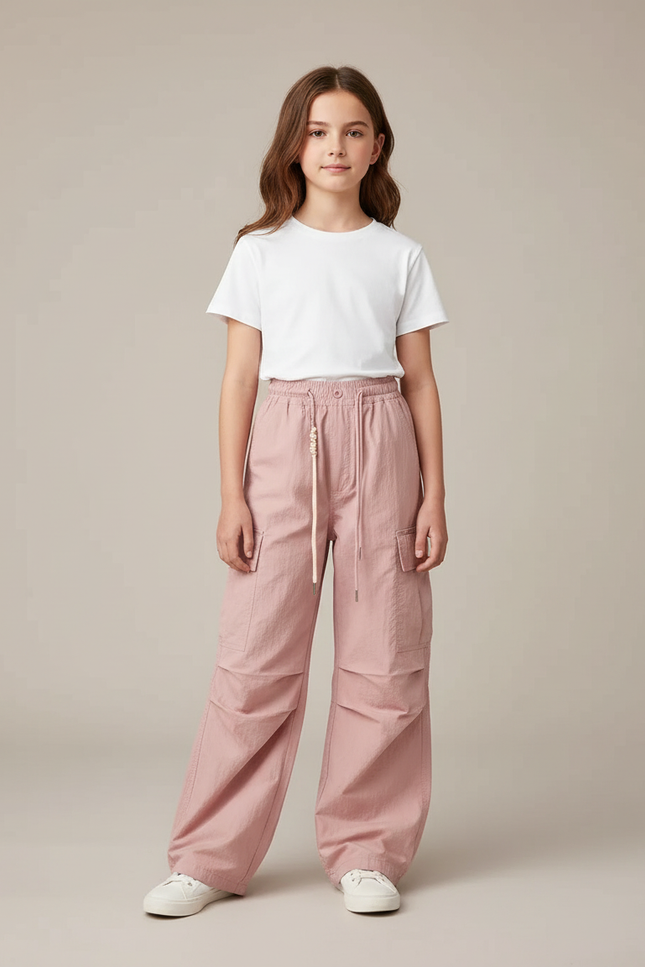 Pantalon Fluide Cargo Rose Ample Décontracté Jeune Fille - Polyester
