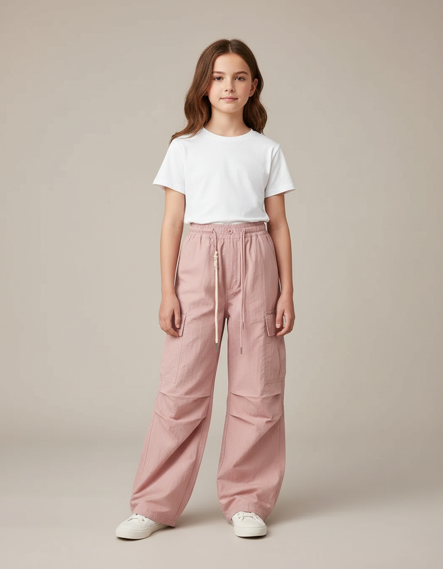 Pantalon Fluide Cargo Rose Ample Décontracté Jeune Fille - Polyester