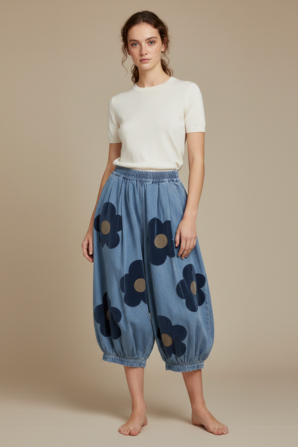 Pantalon Fluide Denim Ample Motifs Floraux Bleu - Jean