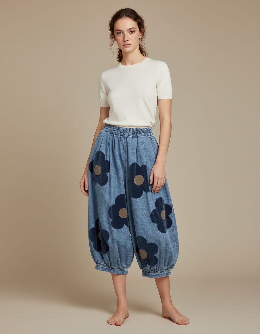 Pantalon Fluide Denim Ample Motifs Floraux Bleu - Jean