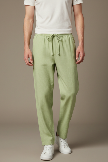 Pantalon Fluide Vert Lin Ample Cordon Décontracté Homme