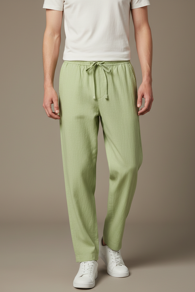 Pantalon Fluide Vert Lin Ample Cordon Décontracté Homme