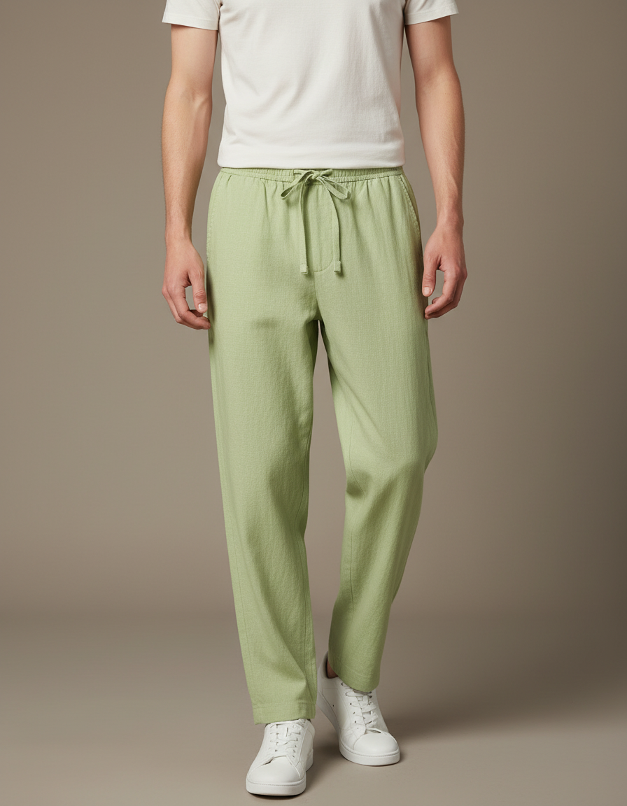 Pantalon Fluide Vert Lin Ample Cordon Décontracté Homme