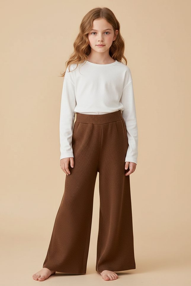 Pantalon Fluide Marron Côtelé Ample Confortable Enfant - Maille