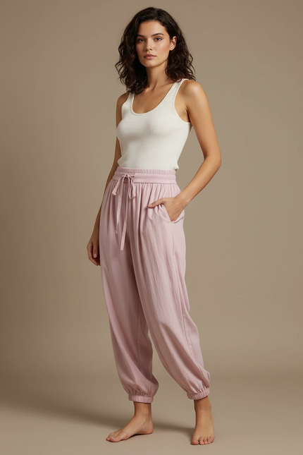Pantalon Fluide Rose Ample Cordon Cheville Décontracté - Lin
