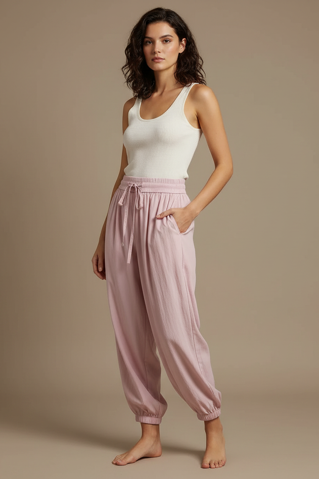 Pantalon Fluide Rose Ample Cordon Cheville Décontracté - Lin