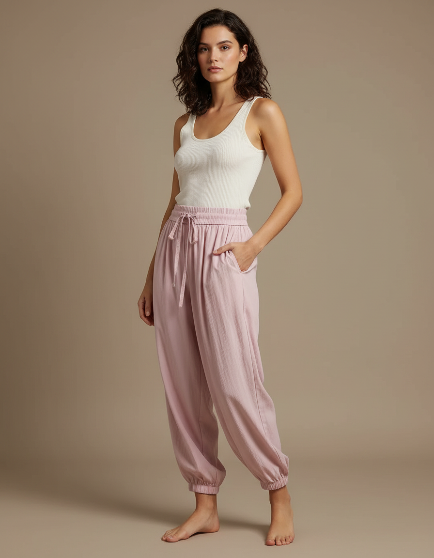 Pantalon Fluide Rose Ample Cordon Cheville Décontracté - Lin