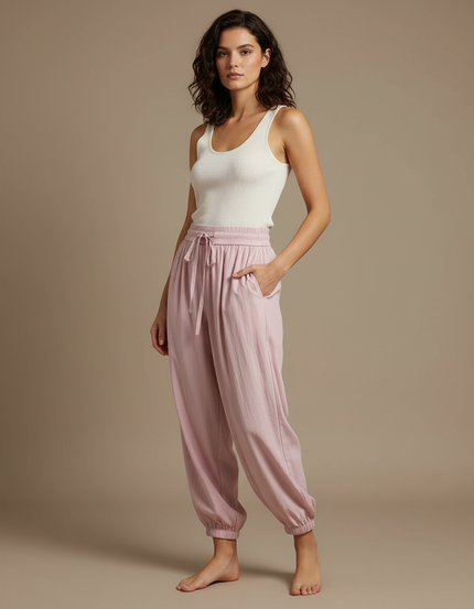 Pantalon Fluide Rose Ample Cordon Cheville Décontracté - Lin
