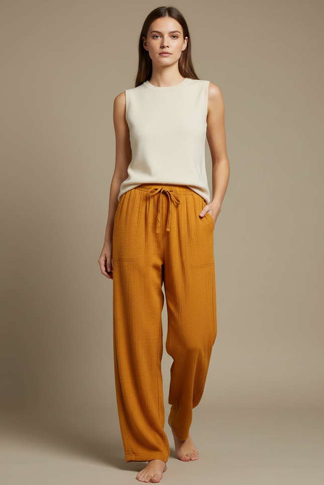Pantalon Fluide Ample Coton Crêpe Jaune Ocre Décontracté