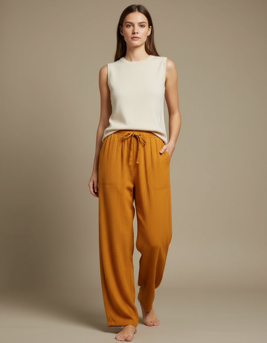 Pantalon Fluide Ample Coton Crêpe Jaune Ocre Décontracté