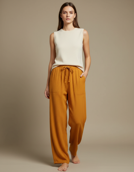 Pantalon Fluide Ample Coton Crêpe Jaune Ocre Décontracté