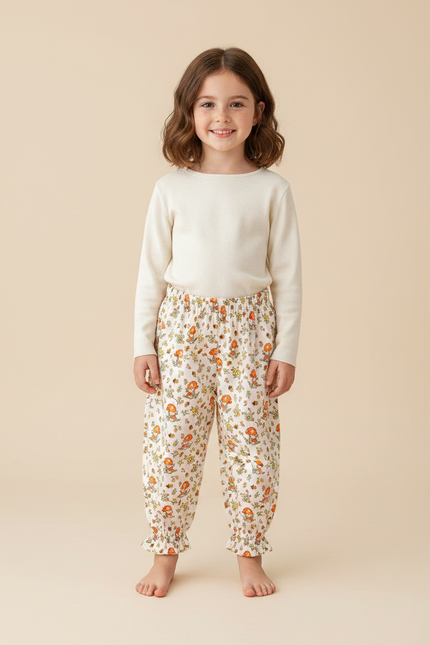 Pantalon Fluide Écru Imprimé Champignons Fleuri Ample Coton