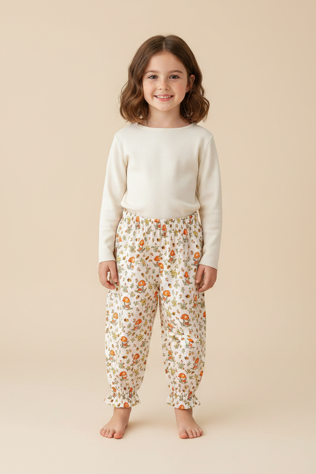 Pantalon Fluide Écru Imprimé Champignons Fleuri Ample Coton