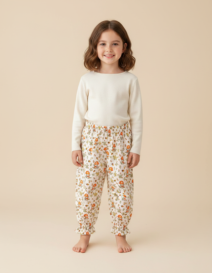 Pantalon Fluide Écru Imprimé Champignons Fleuri Ample Coton