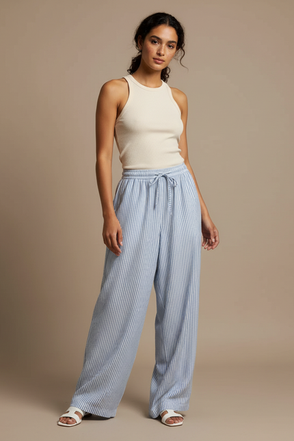 Pantalon Fluide Rayé Bleu Blanc Ample Décontracté - Multicolore Lin